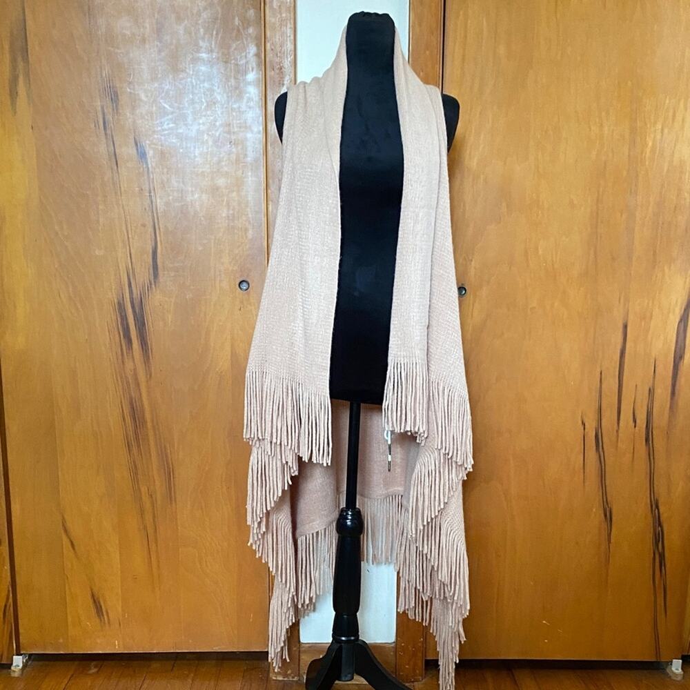 Boho Blush Pink Open Cardigan Sweater Vest Asymmetrical Fringe Knit  L 34-46”